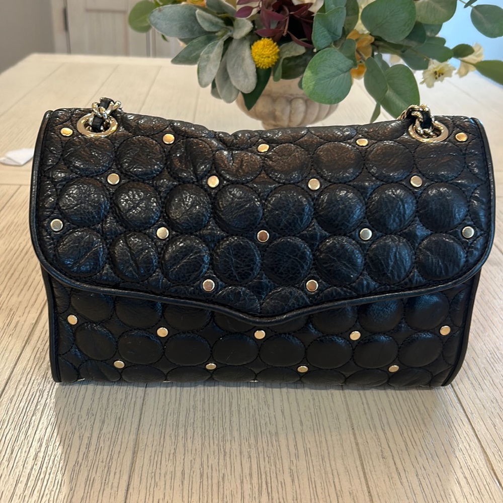 Rebecca Minkoff black leather with gold grommets and chain crossbody bag